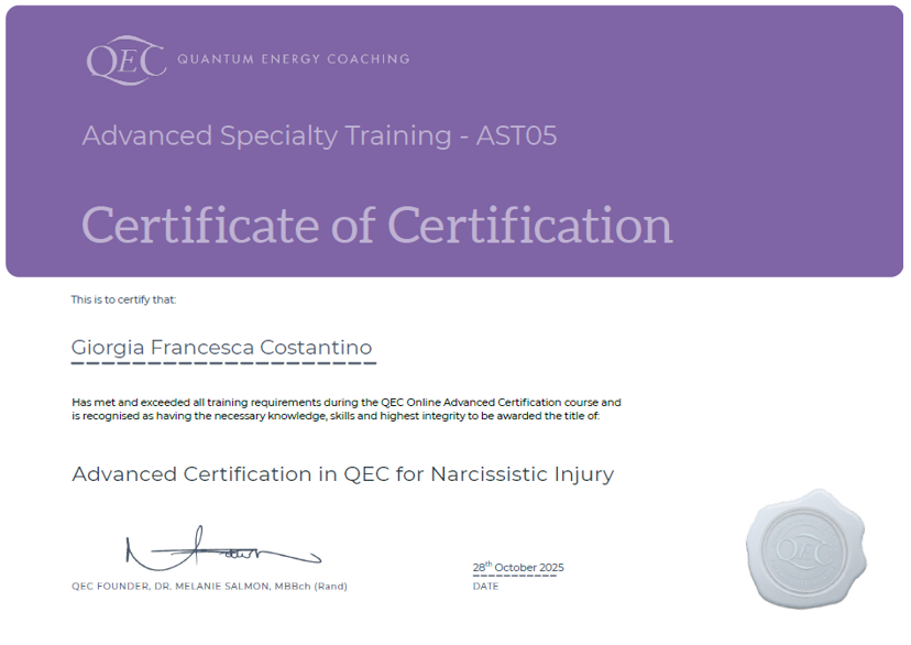 QEC Narcissistic Injury certificate